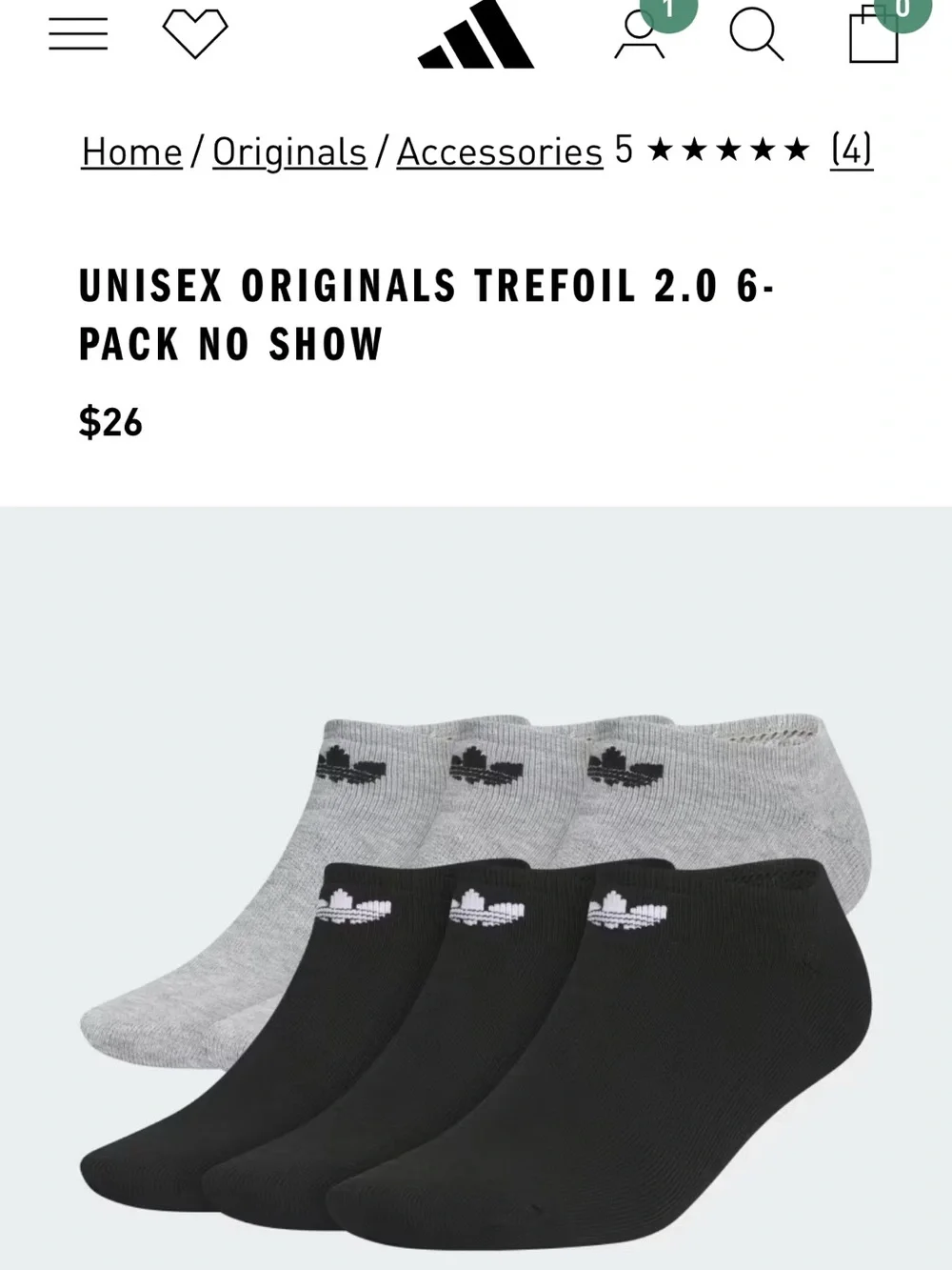 adidas Originals Unisex Ankle Socks M Black & Gray 6 Pairs Trefoil Logo